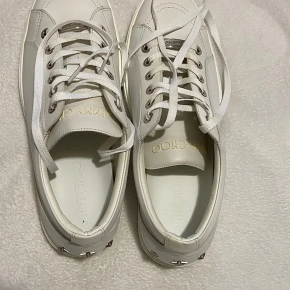 Jimmy Choo Off-White Leather Low-Top Sneakers with Silver Accents - Picture 4 of 11